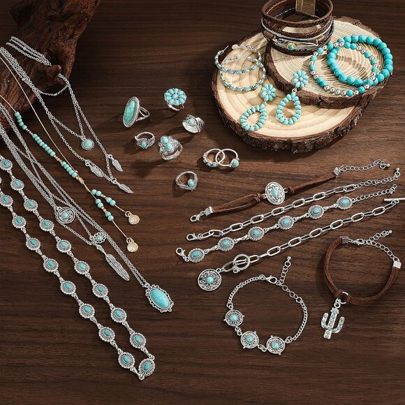 Western Turquoise Jewelry Set: Layered Necklaces, Rings, and Earrings for Women - Picture 4 of 7